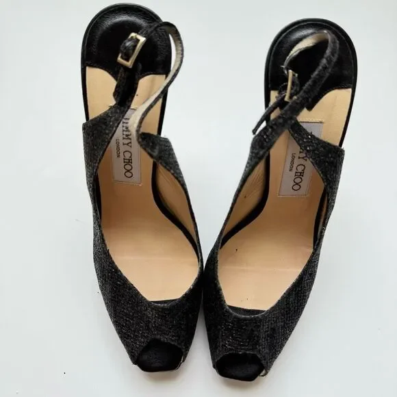 Jimmy Choo Black Nova Party Glitter Slingback Peep Toe Pump Holiday size 9 39.5